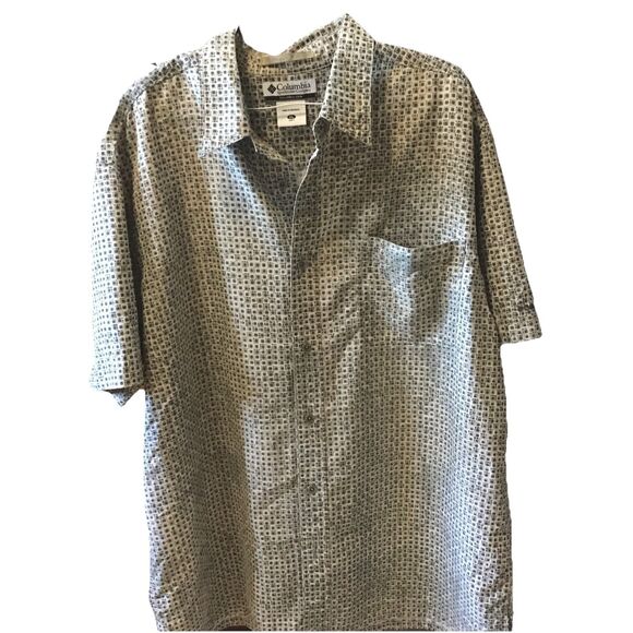 Columbia Shirt Green Tan Geometric Print Button Up Short Sleeve Fishing Mens XL - Picture 7 of 8